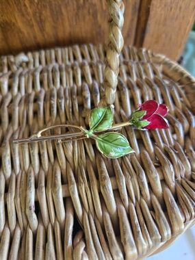 Source Unknown Red and Green Enamel Rose Brooch